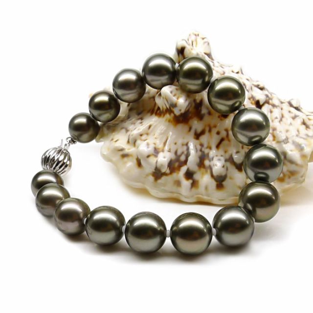 Bracelet perles Tahiti noires 9/10mm - Orient paon avec fermoir or
