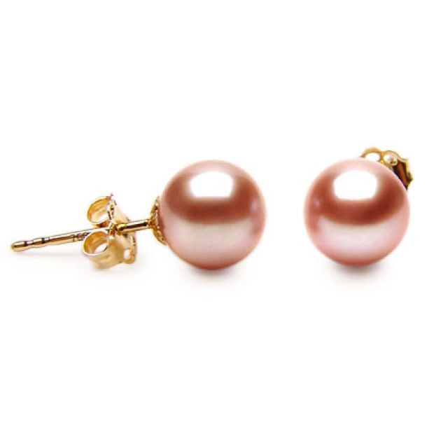 Boucles oreilles perles or jaune - Clou perles roses - 8/9mm
