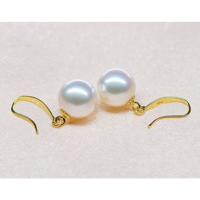 Boucles oreilles crochets or jaune et perles Akoya blanches - 7/7.5mm