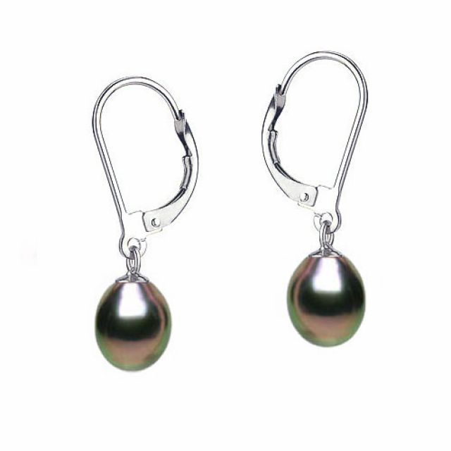 Boucles oreilles or blanc - Perles noires - Dormeuses eau douce 8.5/9mm