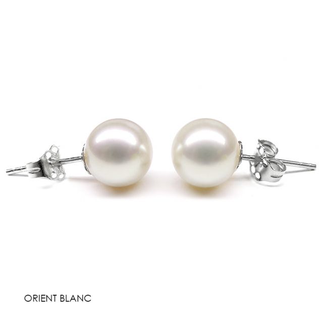 Clou oreille or blanc. Boucles perles de Chine. Perle 8/9mm