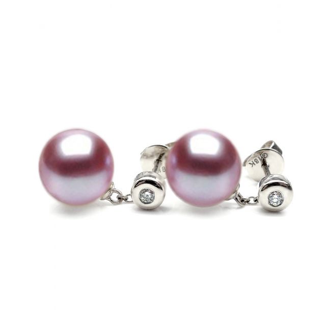 Boucles d'oreilles perles de Chine. Disque d'or blanc, chaînette