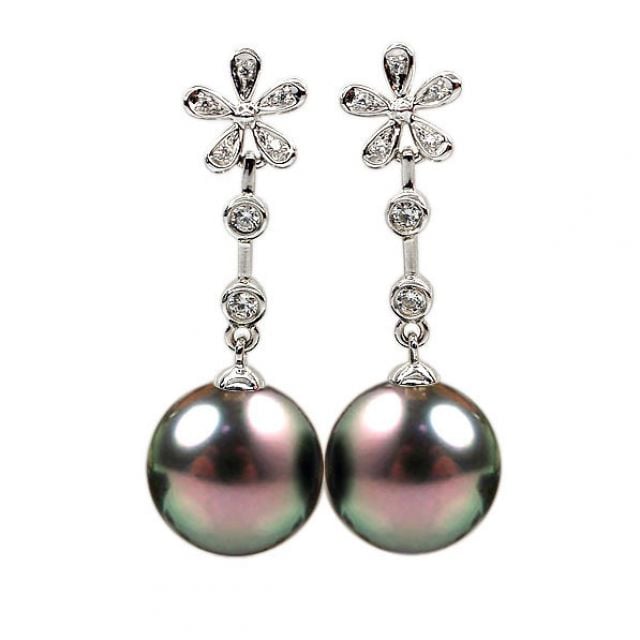 Création Boucles d'oreilles fleurs - Perles de Tahiti - Pendants or blanc, diamants