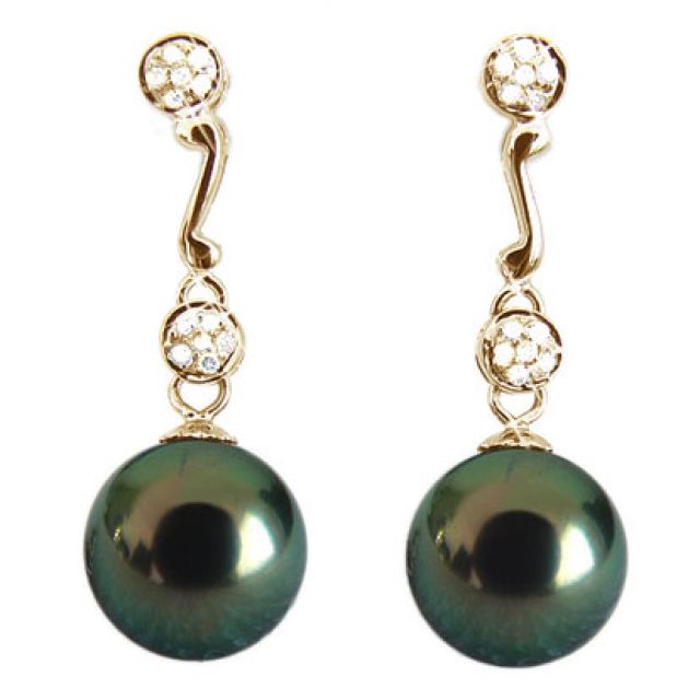 Boucles oreilles pendantes - Perles de Tahiti noires - Or jaune - Diamants