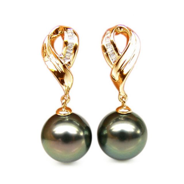 Boucles oreilles perles noires - Perle de Tahiti - Or jaune - Diamants sertis rails