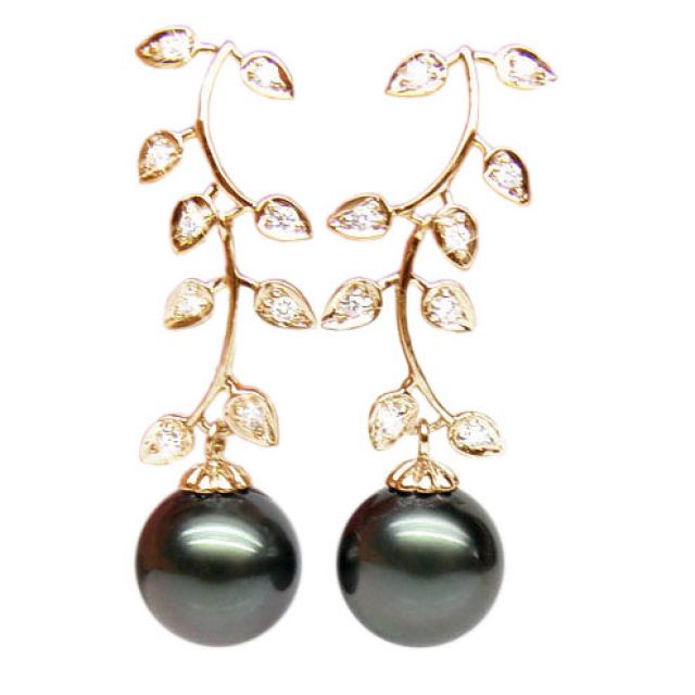 Boucles d'oreilles Nature - Perles de Tahiti noires - Or jaune, diamants