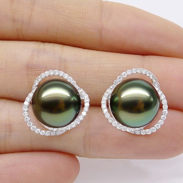 Boucles elliptiques en or blanc - Perles Tahiti, Couronnes diamants