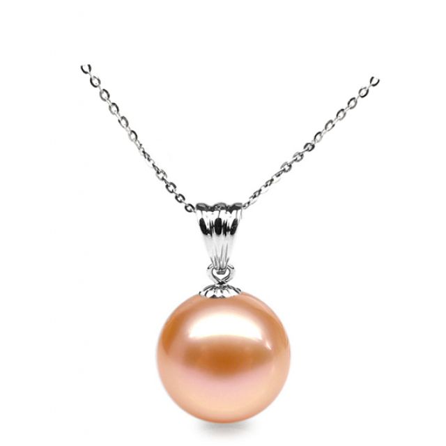 Collier une perle rose - Pendentif or blanc
