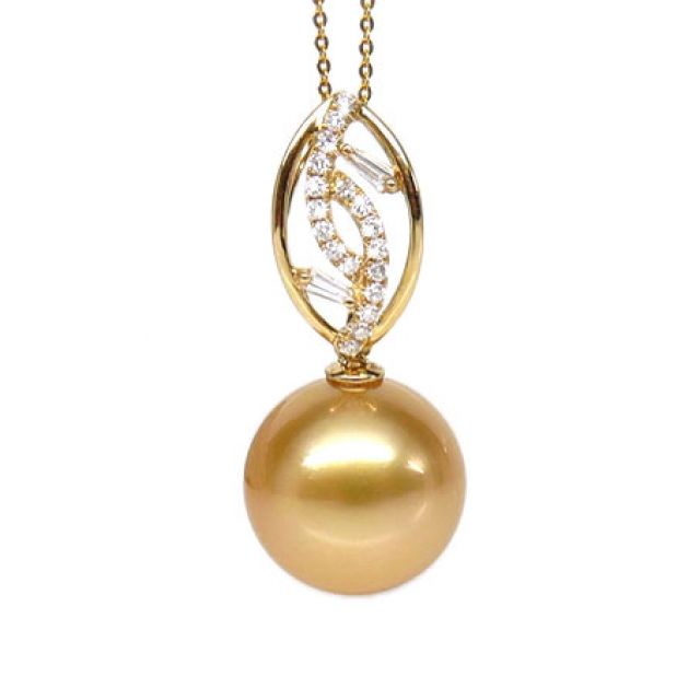 Pendentif feuilles d'or diamantées - Perle d'Australie dorée