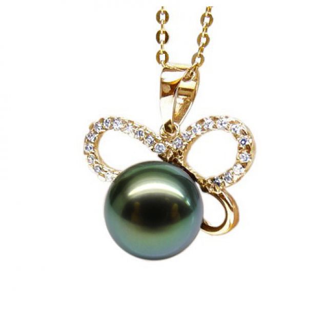 Pendentif papillon - Perle de Tahiti bronze foncée - Or jaune, diamants