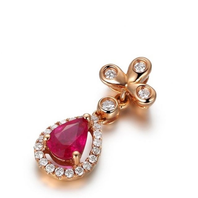 Pendentif croix latine or rose - Rubis et diamants en pendeloque