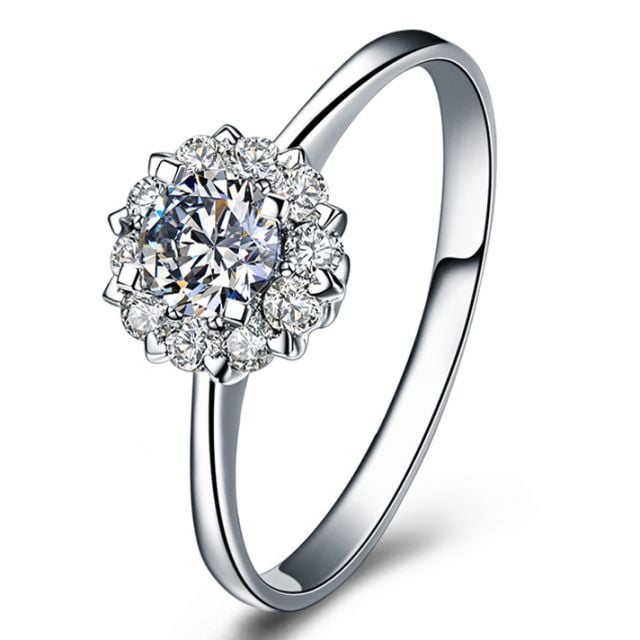 Solitaire bague platine - Coeur caillouté - Pavage diamants 0.33ct