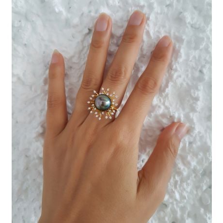 Bague de luxe - Récifs coralliens - Perle de Tahiti, or jaune, diamants