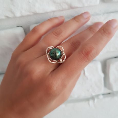 Bague fleur - Un matin de rosé - Perle de Tahiti, or jaune, diamants