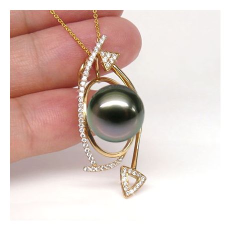 Pendentif elliptique - Perle Tahiti paon aubergine - Or jaune, diamants