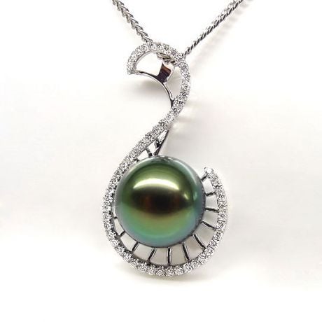 Pendentif Nature - Grâce du cygne - Perle de Tahiti - Or blanc, diamants