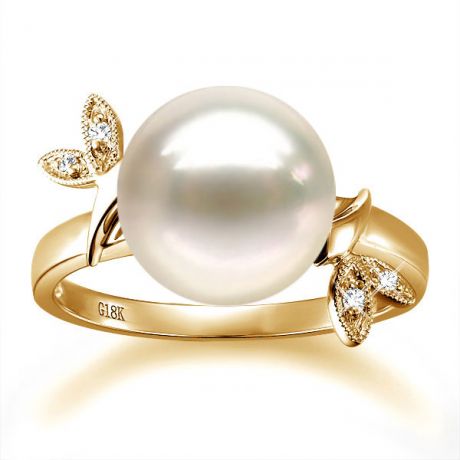 Bague Perle Or Jaune Diamant. Feuilles Étincelantes 