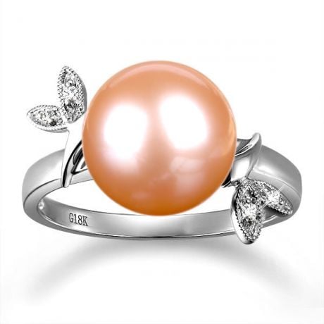Bague Perle Rose, Or blanc Diamant. Feuilles Étincelantes 