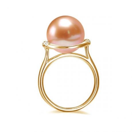 Bague circulaire plateau or jaune diamants - Perle culture rose