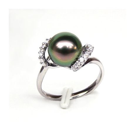 Bague Marion - Perle Tahiti paon aubergine - Or blanc, diamants