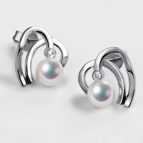 Boucles Coeur contemporain Or blanc. Perles Akoya, Diamants. 