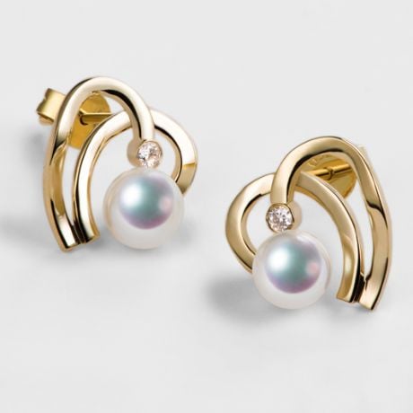 Boucles Coeur contemporain Or jaune. Perles Akoya, Diamants. 