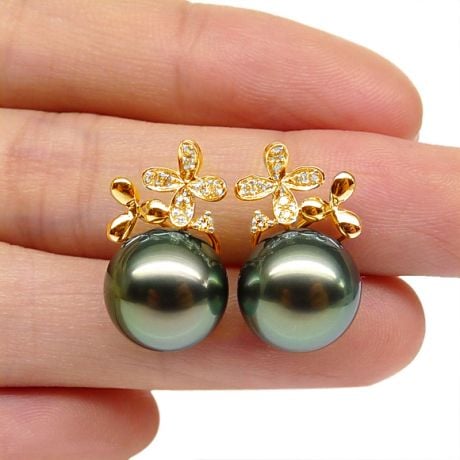 Boucles oreilles perles Tahiti motifs floraux - Or jaune, diamants