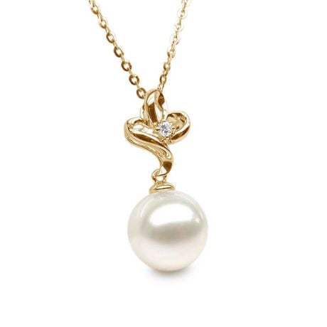 Pendentif fleur 3 pétales or jaune - Coeur diamant et perle blanche