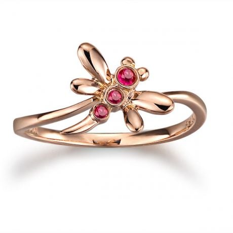 Bague libellule en or rose et rubis