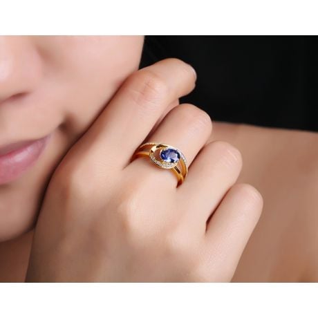 Bague de fiançailles saphir ovale 1 carat. Diamant, Or jaune