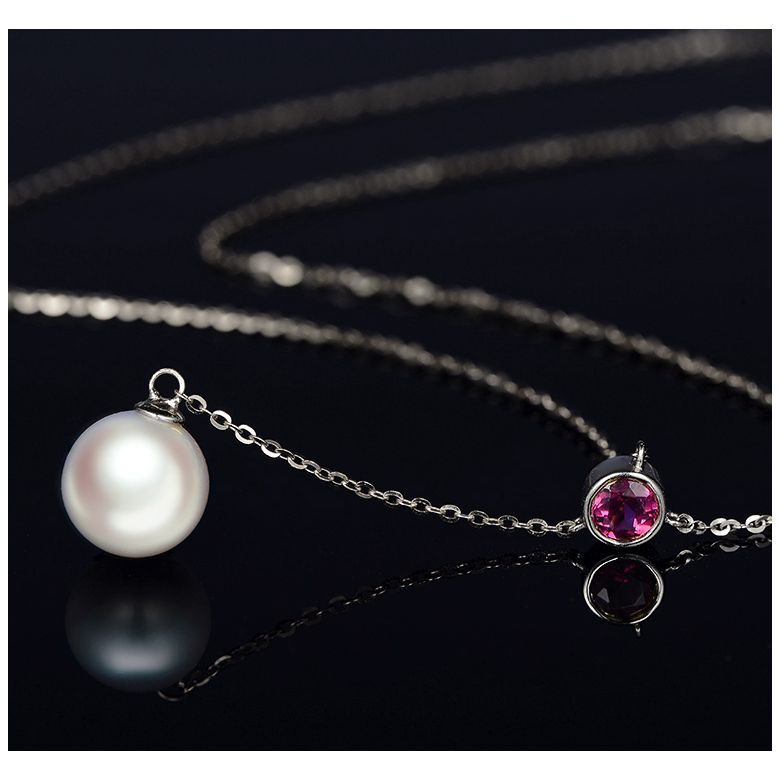 Collier pendentif perle Akoya. Chaîne Or blanc, Saphir rose - 9