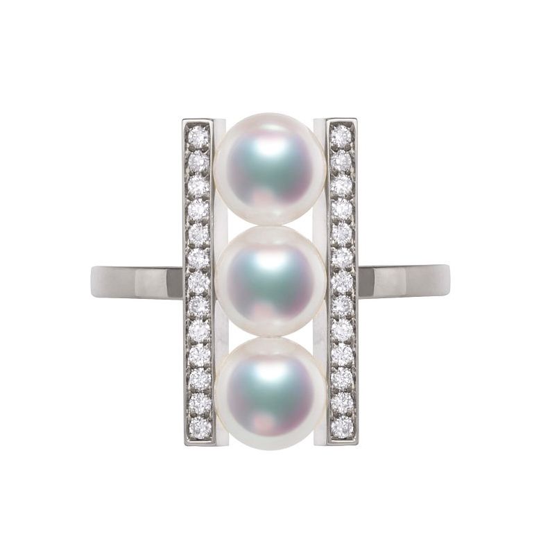 Bague 3 perles Akoya. Monture rail. Or blanc, Diamants - 1