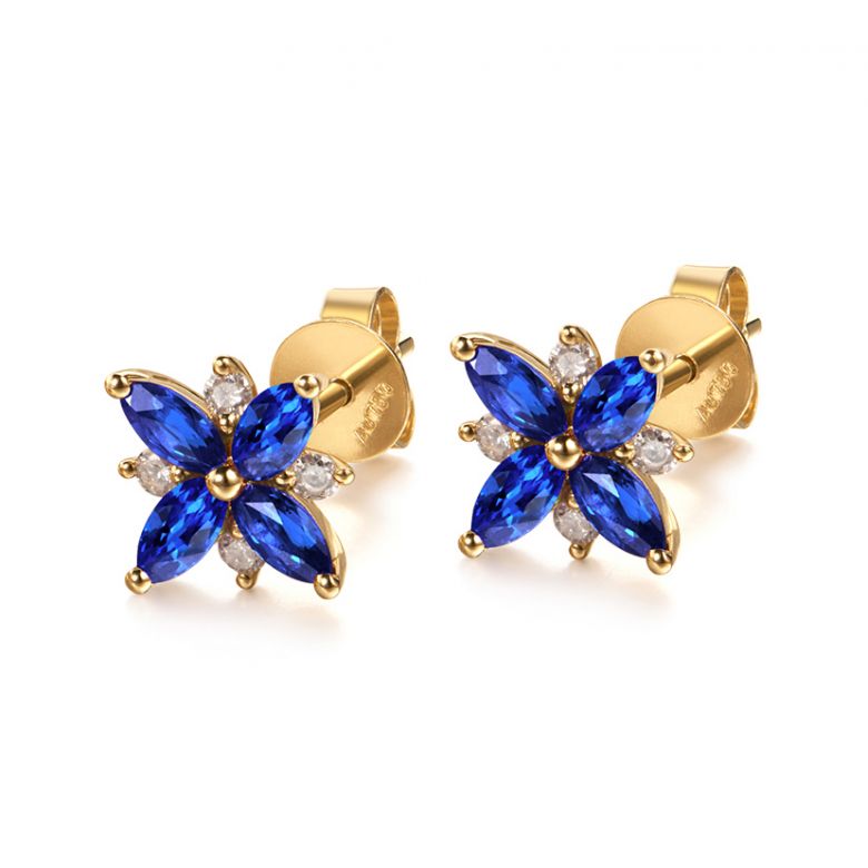 Boucle oreille fleur saphir bleu, diamant, or jaune - Véronique des ruisseaux - 3