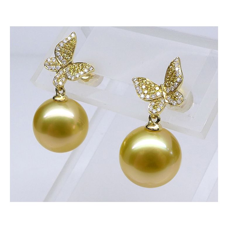 Pendants d'oreilles Papillon. Or jaune, Perle d'Australie dorée, Diamants - 6