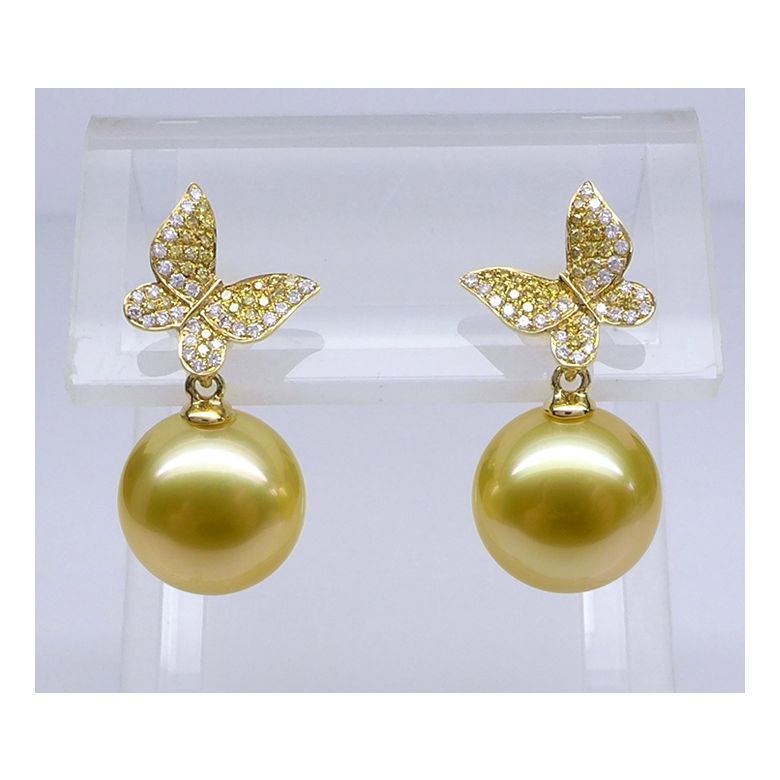 Pendants d'oreilles Papillon. Or jaune, Perle d'Australie dorée, Diamants - 3