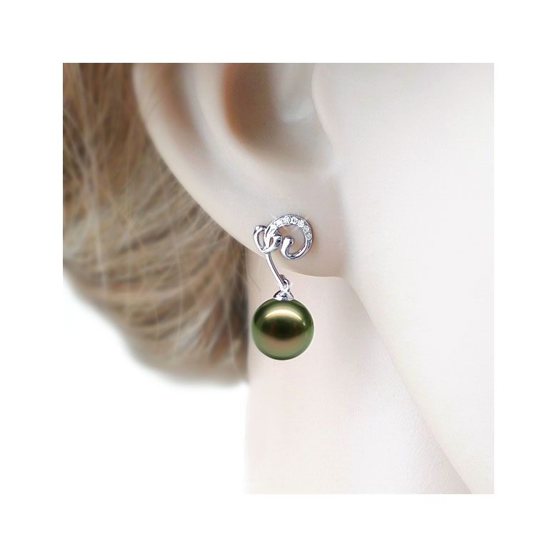 Boucles oreilles coeur - Pendants or blanc - Perles de Tahiti - Diamants - 2