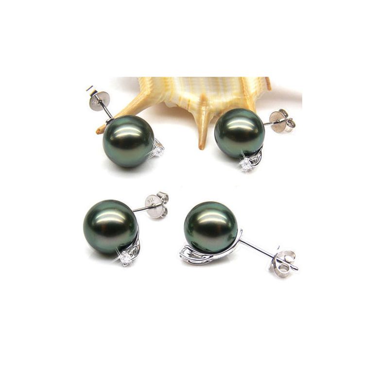 Boucles oreilles perles - Clous or blanc - Perle de Tahiti - Puces diamants - 2