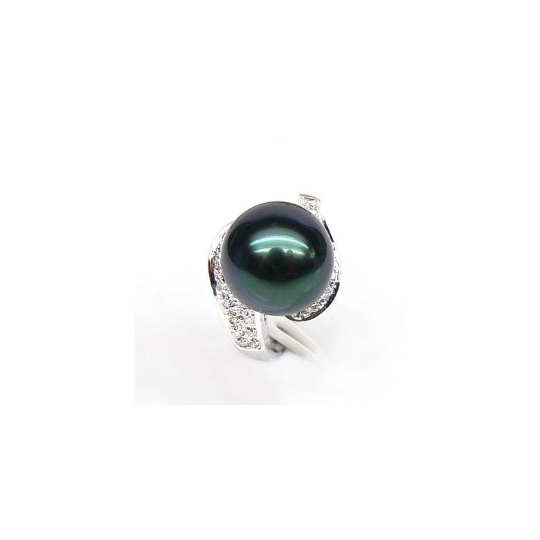 Bague Tuamotu - Perle de Tahiti noire émeraude - Or blanc, diamants - 5