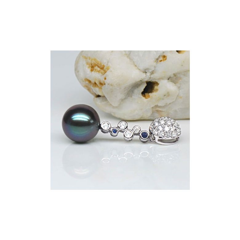 Pendentif boules - Perle de Tahiti - Or blanc, diamants, saphirs bleus - 3