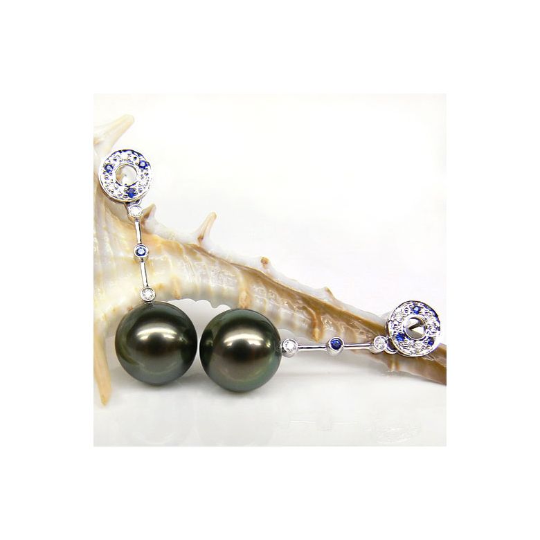 Boucles oreilles - Perles de Tahiti noires - Or blanc, diamants, saphirs - 2