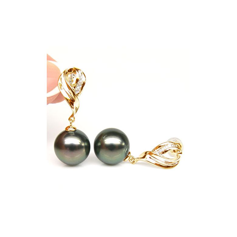 Boucles oreilles perles noires - Perle de Tahiti - Or jaune - Diamants sertis rails - 2