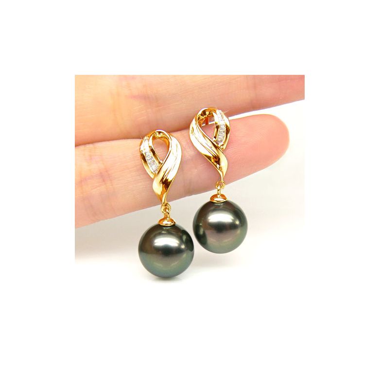 Boucles oreilles perles noires - Perle de Tahiti - Or jaune - Diamants sertis rails - 3