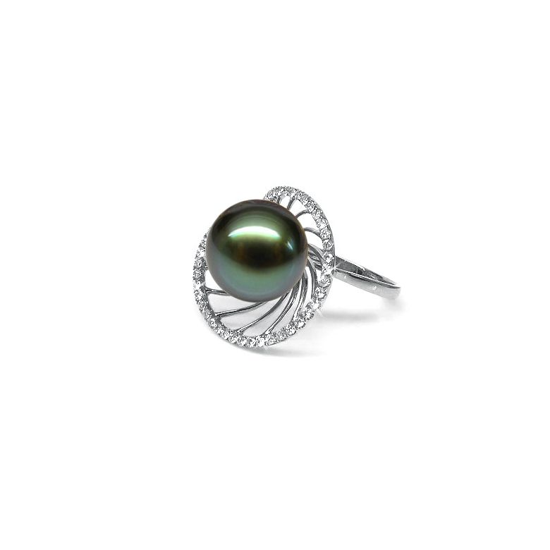 Bague or blanc de forme elliptique - Perle de Tahiti, diamants - 1
