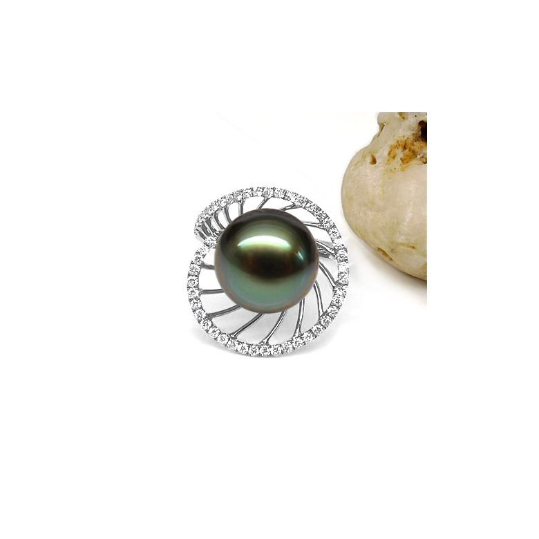 Bague or blanc de forme elliptique - Perle de Tahiti, diamants - 3