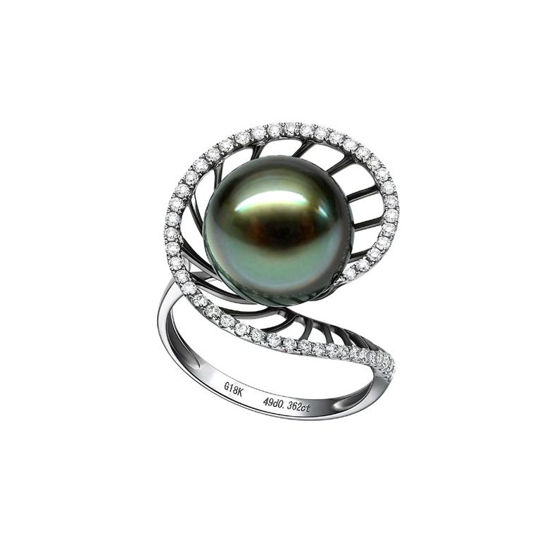 Bague or blanc de forme elliptique - Perle de Tahiti, diamants - 4