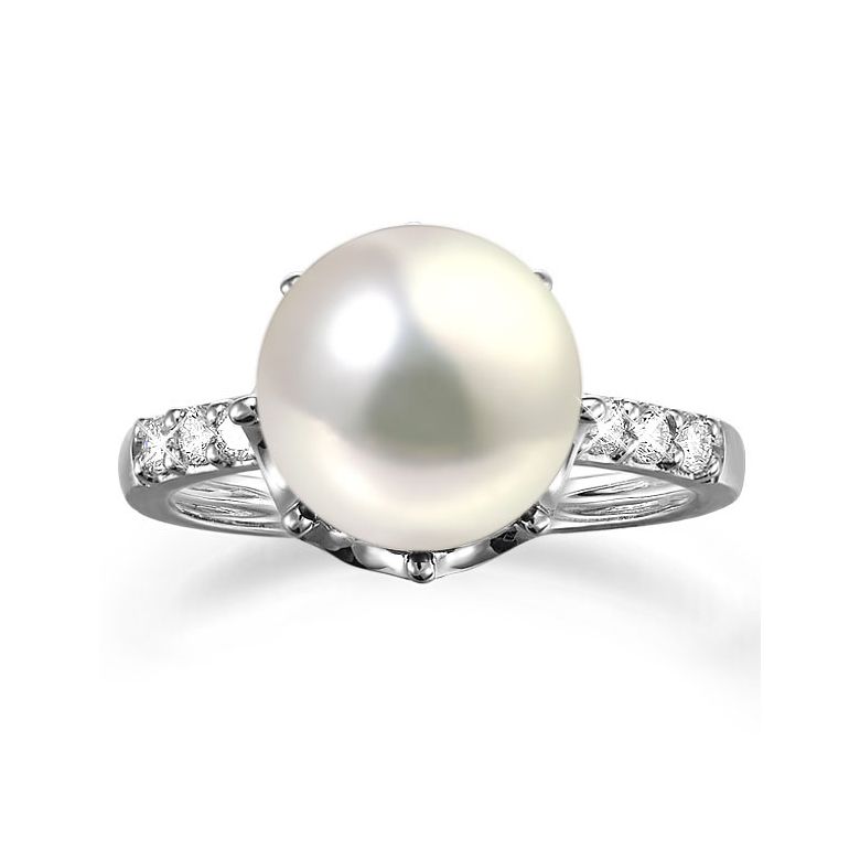 Bague couronne perlée - Perle de culture blanche - Diamants, or blanc - 2