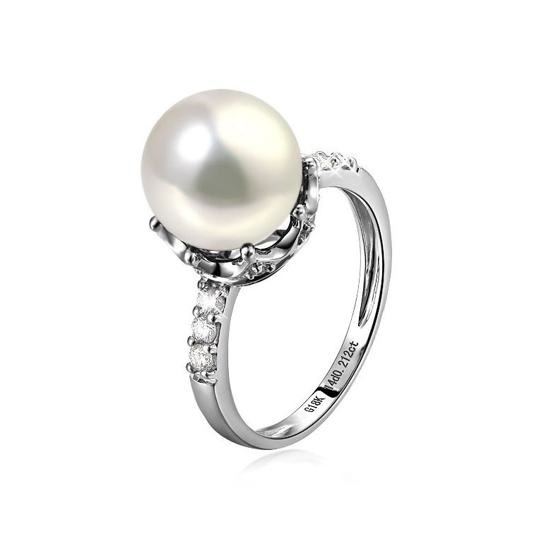Bague couronne perlée - Perle de culture blanche - Diamants, or blanc - 1