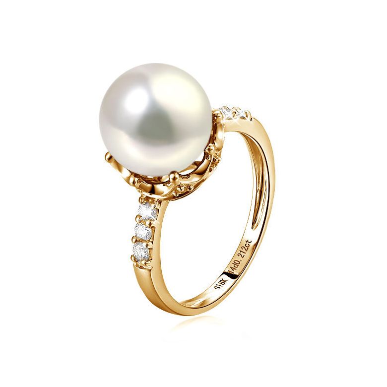 Bague couronne perlée - Perle de culture blanche - Diamants, or jaune - 1