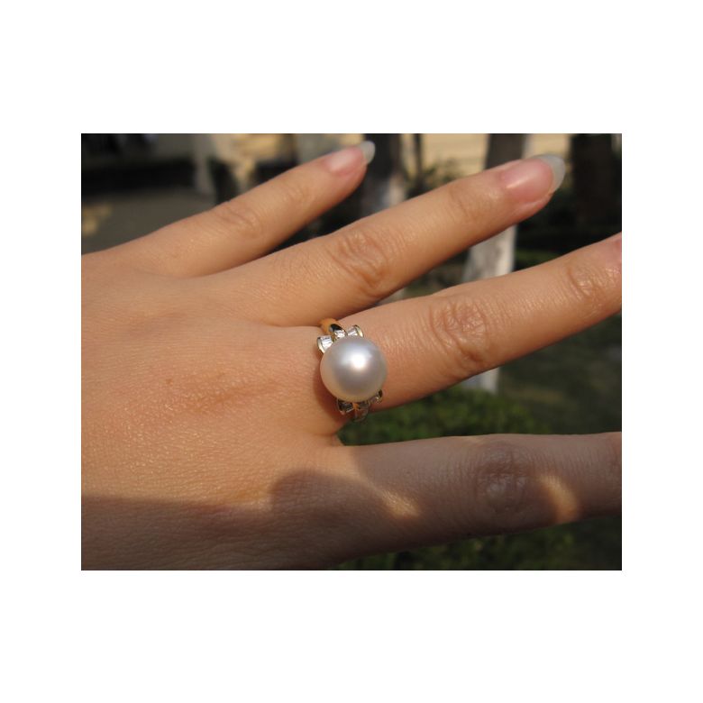 Bague or perle de culture - Perle blanche Chine - Or blanc, diamants - 6