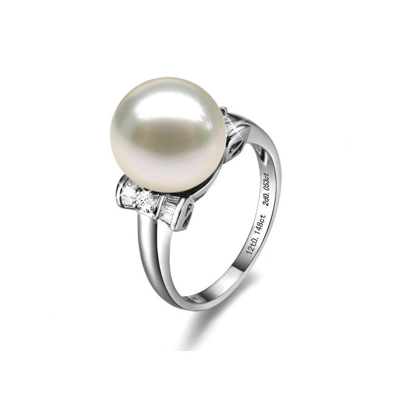 Bague or perle de culture - Perle blanche Chine - Or blanc, diamants - 1